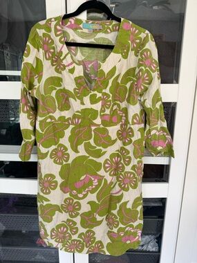 Boden Green and Pink Patterned Linen Dress